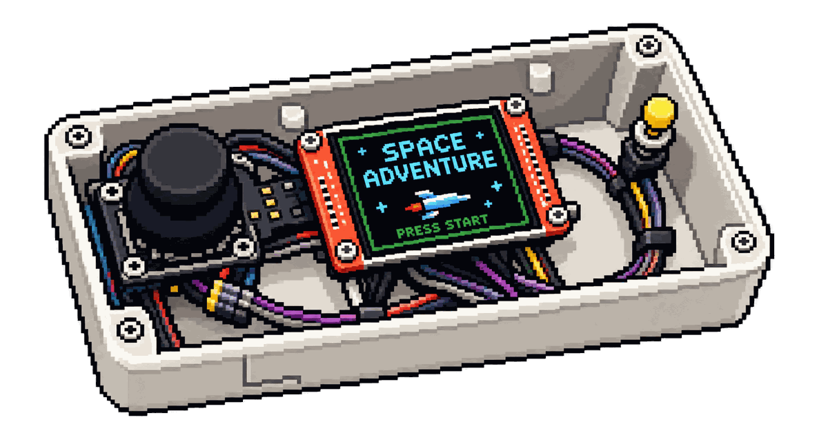A Gametron console with its lid off, showing the joystick, colour screen and button inside