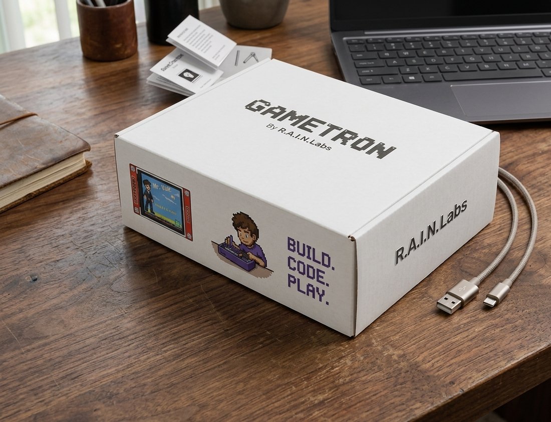 A Gametron kit box on a desk next to a laptop and a USB cable